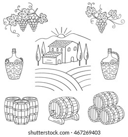 Vineyard and  farm landscape vector illustration, hand drawn.  Wine making set with grapes, barrels, cellar isolated on white background.  
