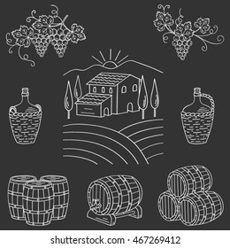 Vineyard and  farm landscape vector illustration, hand drawn.  Wine making set with grapes, barrels, cellar isolated on chalkboard  background.  