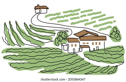 Vineyard farm one continuous line art drawing. Simple vector sketch illustration. Landscape with grape rows. Vineyard farm minimalist color design for wine label.