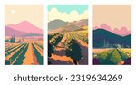 Vineyard farm village landscape flat colors posters. Vector illustration for social, banner or card.