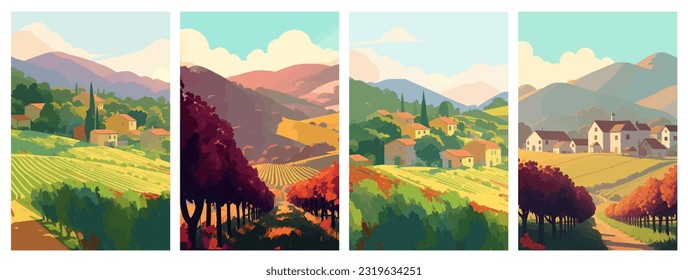 Vineyard farm village landscape flat colors posters. Vector illustration for social, banner or card.