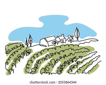 Vineyard field minimalist color design for wine label. Simple vector sketch, doodle illustration. Vineyard field one continuous line art drawing. Landscape with grape rows.