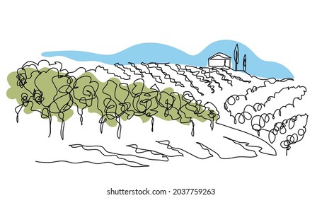 Vineyard field simple vector sketch illustration. One continuous line art drawing of landscape with growing grape. Vineyard farm minimalist color design for wine label.