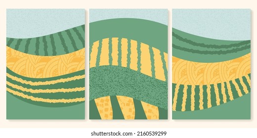 Vineyard field with texture vector illustration. Abstract winery agriculture, eco green background. Set of farm aerial view poster, geometric map, simple garden landscape, organic rice plantation