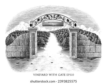 Vineyard with gate hand drawing vintage style black and white clip art