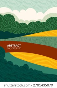 Vineyard grape abstract field winery agriculture vector illustration. Eco green retro background with texture. Farm aerial view poster, geometric map, simple garden landscape, organic rice plantation