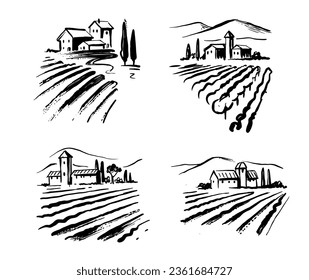 Vineyard with grape Field sketch. Tuscany Landscape with house drawing