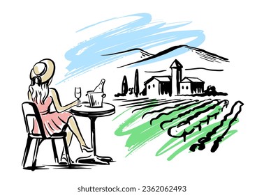 Vineyard with grape Field sketch. Woman drinking champagne at table.