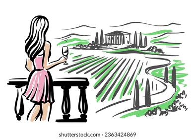 Vineyard with grape Field sketch. Woman with glass of wine waving her hand