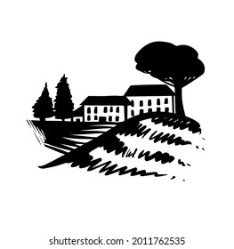 Vineyard icon logo hand drawn wine farm on white background