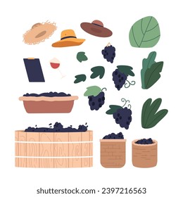 Vineyard Icons Set Features Grape Clusters, Wineglass, Hats, Barrels, Baskets And Lush Vine Leaves, Vector Illustration