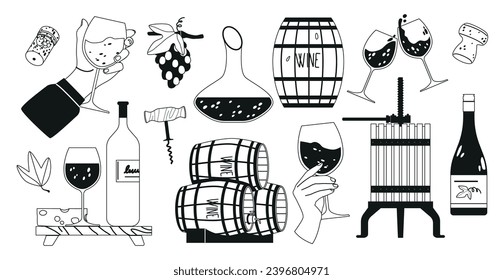 Vineyard Items Black And White Icons Set. Grapevines, Ripe Clusters Of Grapes, Wooden Barrels, Clinking Glasses, Masher