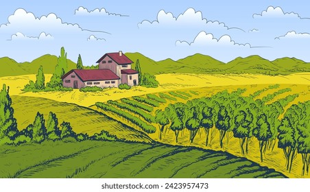 Vineyard landscape concept. Field with crops near house. Rural village. Agriculture and farming in summer or sspring scene. Barn with natural and organic food. Simple flat vector illustration