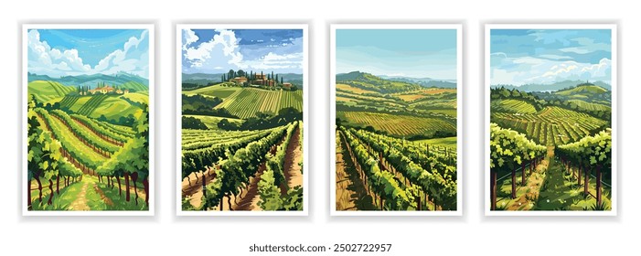 Vineyard Landscape Drawing. Vector illustration of rolling hills, grapevines, and rural scenery. Editable artwork for wine labels, posters, or countryside-themed designs.