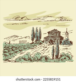 Vineyard landscape. Farm grape fields with houses agricultural hand drawn engraving style vector illustration. Good for a wine label design. 
