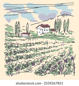 Vineyard landscape. Farm grape fields with houses agricultural hand drawn engraving style vector illustration. Good for a wine label design.