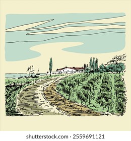 Vineyard landscape. Farm grape fields with houses agricultural hand drawn engraving style vector illustration. Good for a wine label design.