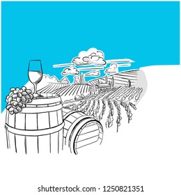 Vineyard landscape with glass drawing, hand-drawn vector food illustration for vine label and social media marketing