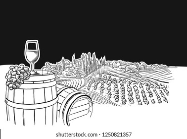 vineyard landscape with glass scene, hand-drawn vector food illustration for vine label and social media marketing