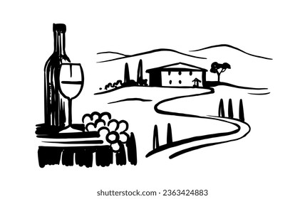 Vineyard landscape hand drawn with bottle.