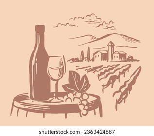 Vineyard landscape hand drawn with bottle.