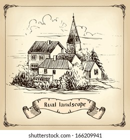 Vineyard Landscape - hand drawn illustration 