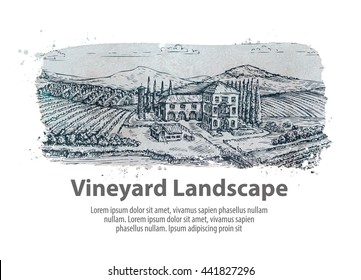 Vineyard landscape. Hand drawn sketch farm, agriculture, harvest, winery