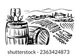 Vineyard landscape hand drawn with wine barrel.
