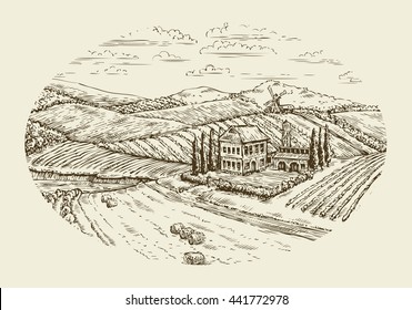 Vineyard landscape. Hand-drawn vintage sketch agriculture, farming, farm