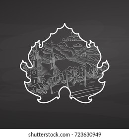 Vineyard Landscape in leaf on chalkboard. Hand drawn healthy food sketch. Black and White Vector Drawing on Blackboard. 