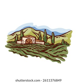Vineyard landscape line icon. Outline hand drawn green farm fields and hills with growing grape, rustic house and trees. Agriculture, wine mascot, countryside vineyard icon vector illustration