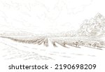 Vineyard landscape vector sketch design. Hand drawn illustration