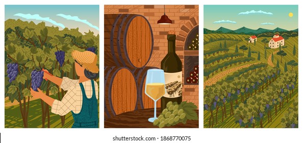 Vineyard landscape and winery field with villa farm house. Hand draw vector illustration poster. Wine wooden barrels in winery cellar. White wine bottle and vine. Man cut vine from grape tree