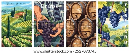 Vineyard Landscape with Winery Fields and Farmhouse Villa. Hand-Drawn Vector Poster Illustration. Wine Barrels in Cellar, White Wine Bottles, and Grape Vine Pruning Scene.