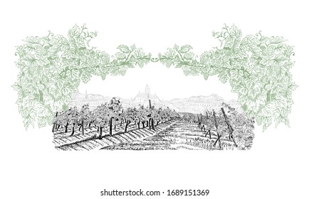 Viñetería con el casco antiguo en horizonte dentro de un arco decorativo de uvas y viñas. Paisaje dibujado en estilo boceto. Ilustración de vectores aislada en blanco