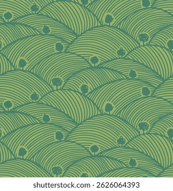 Vineyard Pattern field farm texture. Wine agriculture background wheat rice design vector. Lush organic green landscape illustration evokes eco plantation. Seamless top view of farmland stripes.