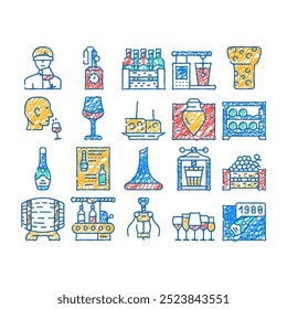 vineyard production alcohol drink doodle icons set vector. sketch line art wine glasses with different taste beverage, fridge and wooden barrel, cork and corkscrew tool, vineyard contour illustrations