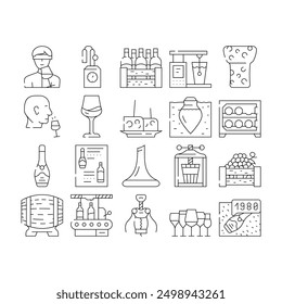 Producción de viñedos Iconos de bebidas alcohólicas Set Vector. Copas De Vino Con Diferentes Sabores Bebidas, Nevera Y Barril De Madera, Corcho Y Herramienta De Sacacorchos, Ilustraciones De Contorno De Fabricación De Viñedos