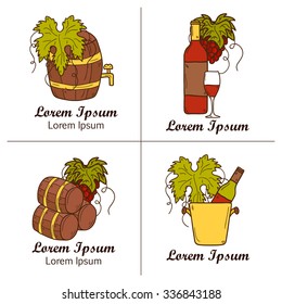 Vineyard or restaurant concept with cartoon wine objects in hand drawn style: bottle, glass, barrel, grapes for your design
