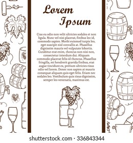 Vineyard or restaurant concept with cartoon wine objects in hand drawn style and seamless background: bottle, glass, barrel, grapes for your design