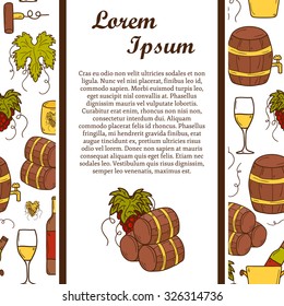 Vineyard or restaurnt concept with cartoon wine objects in hand drawn style and seamless background: bottle, glass, barrel, grapes for your design