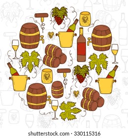 Vineyard or restaurnt concept with cartoon wine objects in hand drawn style: bottle, glass, barrel, grapes for your design