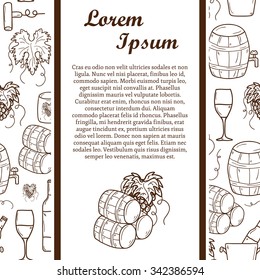 Vineyard or restaurnt concept with cartoon wine objects in hand drawn style and seamless background: bottle, glass, barrel, grapes for your design