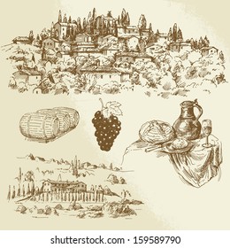 vineyard, rural landscape - hand drawn illustration