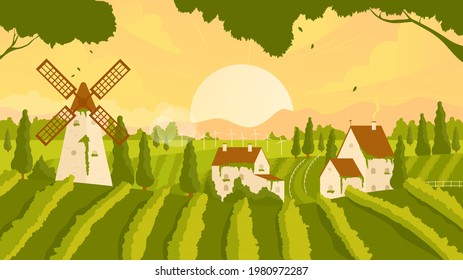 Vineyard rural summer or autumn sunset scene vector illustration. Cartoon panorama with growing vine grapes on green agriculture hills, vintage farm houses and windmill, travel to Europe background