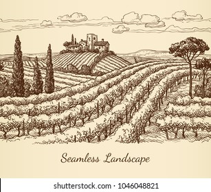 Vineyard seamless landscape. Ink sketch. Hand drawn vector illustration.