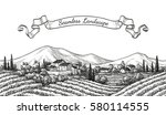 Vineyard seamless landscape. Vine sketch isolated on white. Hand drawn vector illustration.