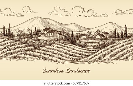 Vineyard seamless landscape. Vine sketch isolated on white. Hand drawn vector illustration.