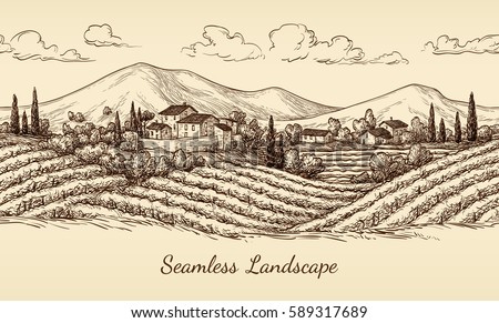 Vineyard seamless landscape. Vine sketch isolated on white. Hand drawn vector illustration.