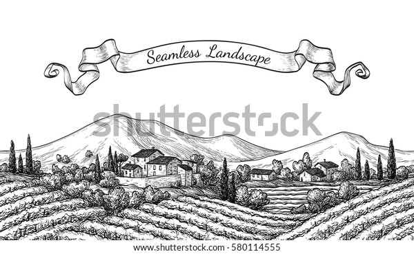 Vineyard seamless landscape. Vine\
sketch isolated on white. Hand drawn vector\
illustration.